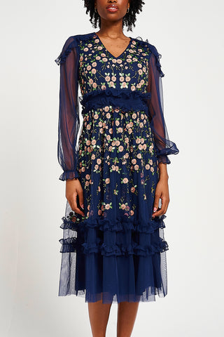 Frock & Frill Eloise Navy Floral Embellished Midi Dress