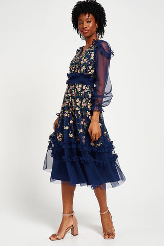 Frock & Frill Eloise Navy Floral Embellished Midi Dress