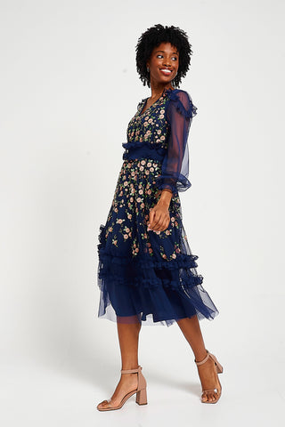 frock & frill Eloise Navy Floral Embellished Midi Dress