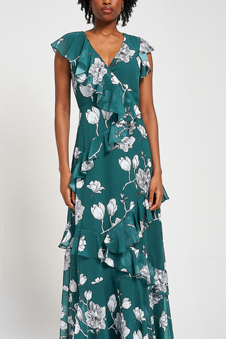 Frock & Frill Esme Green Floral Print Frill Detail Maxi Dress