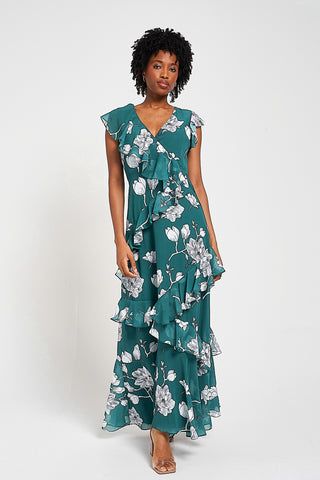 Frock & Frill Esme Green Floral Print Frill Detail Maxi Dress