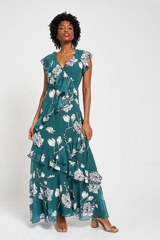 frock & frill Esme Green Floral Print Frill Detail Maxi Dress