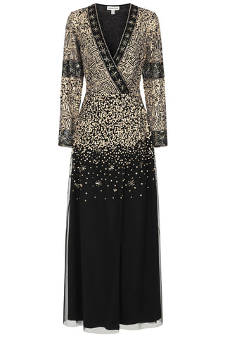 Frock & Frill Esther Black And Gold Embellished Maxi Dress