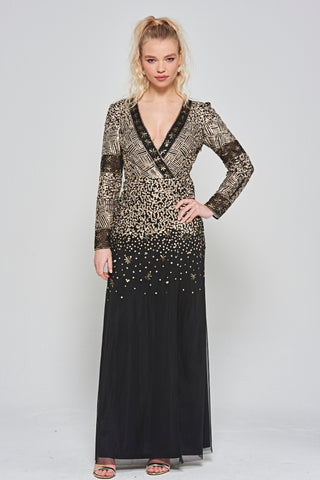 Frock & Frill Esther Black And Gold Embellished Maxi Dress