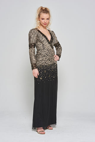 frock & frill Esther Black and Gold Embellished Maxi Dress