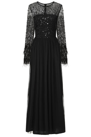 Frock & Frill Eva Black Embellished Maxi Dress With Feather Trim