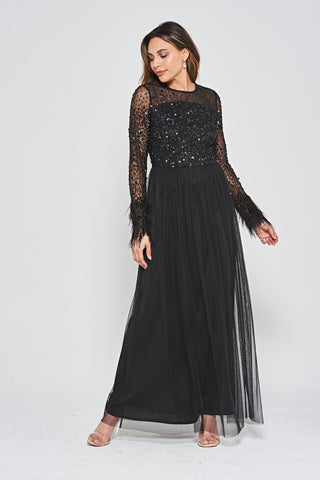 Frock & Frill Eva Black Embellished Maxi Dress With Feather Trim