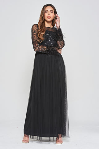 frock & frill Eva Black Embellished Maxi Dress with Feather Trim