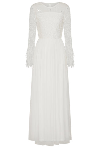 Frock & Frill Eva White Embellished Maxi Dress With Feather Trim