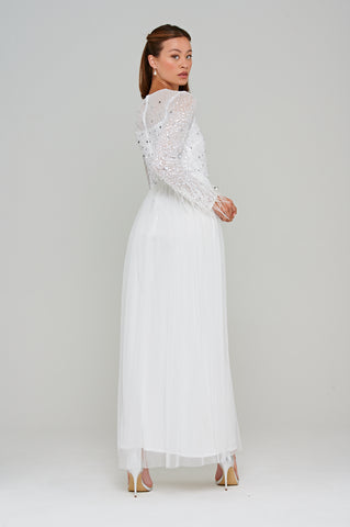 Frock & Frill Eva White Embellished Maxi Dress With Feather Trim