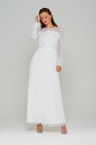 frock & frill Eva White Embellished Maxi Dress with Feather Trim