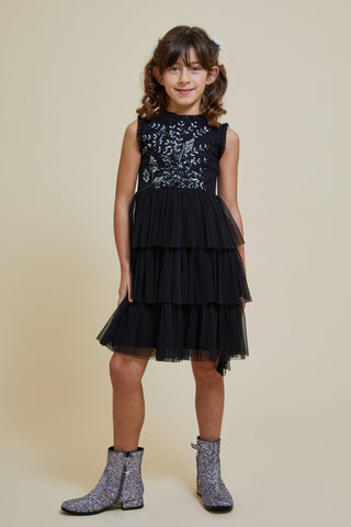 frock & frill Evie Black Sequin Dress with Tiered Tulle Skirt