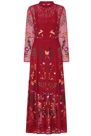 Frock & Frill Farley Burgundy Woodland Embroidered Maxi Dress