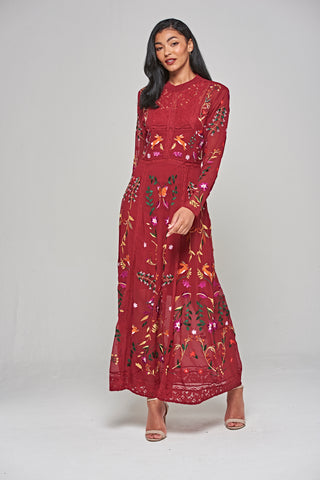 Frock & Frill Farley Burgundy Woodland Embroidered Maxi Dress