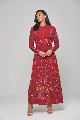 Frock & Frill Farley Burgundy Woodland Embroidered Maxi Dress