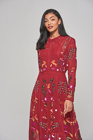 frock & frill Farley Burgundy Woodland Embroidered Maxi Dress