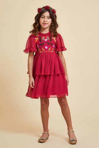 Frock & Frill Fawn Burgundy Woodland Embroidered Dress