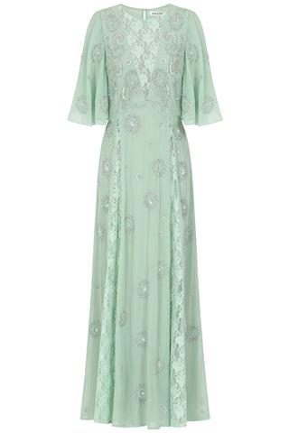 Frock & Frill Fern Light Green Embellished Maxi Dress With Lace Panels