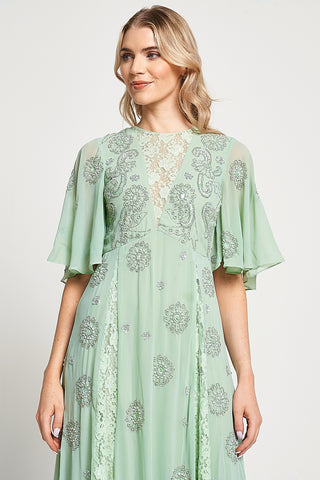 Frock & Frill Fern Light Green Embellished Maxi Dress With Lace Panels