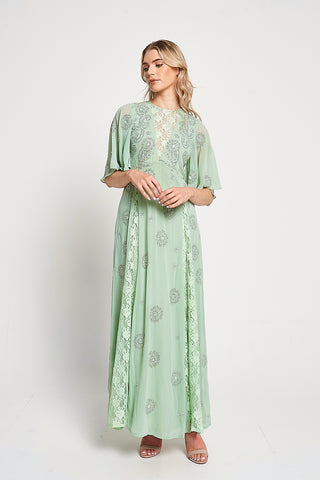 Frock & Frill Fern Light Green Embellished Maxi Dress With Lace Panels