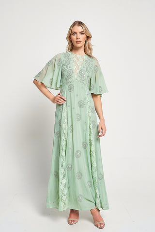 frock & frill Fern Light Green Embellished Maxi Dress with Lace Panels