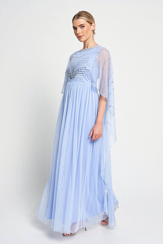 Frock & Frill Frances Blue Sequin Cape Sleeve Maxi Dress