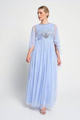 frock & frill Frances Blue Sequin Cape Sleeve Maxi Dress