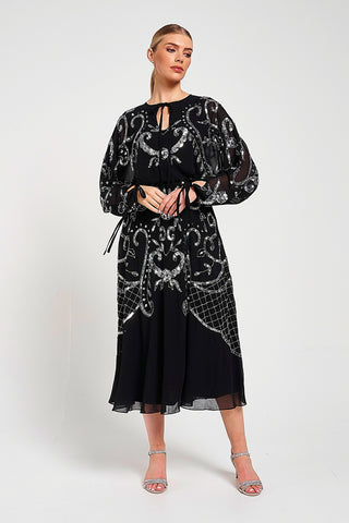 Frock & Frill Adrienne Black Embellished Midi Dress