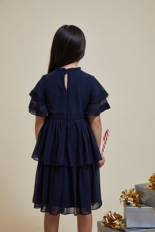 Frock & Frill Alvie Navy Christmas Embroidered Dress