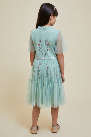 Frock & Frill Betania Green Floral Embroidered Dress