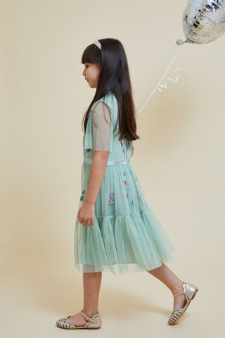 Frock & Frill Betania Green Floral Embroidered Dress