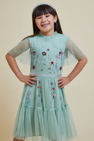 frock & frill Betania Green Floral Embroidered Dress