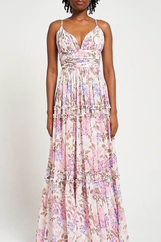 Frock & Frill Deia Off White Floral Print Maxi Dress