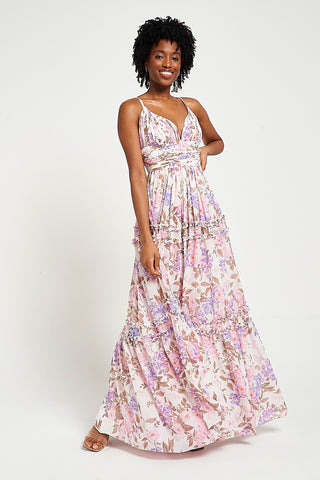 Frock & Frill Deia Off White Floral Print Maxi Dress