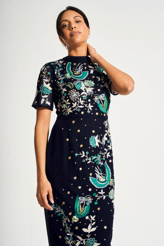 Frock & Frill Delphine Navy Embroidered Midi Dress