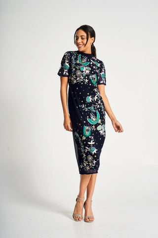 Frock & Frill Delphine Navy Embroidered Midi Dress