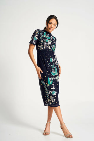 frock & frill Delphine Navy Embroidered Midi Dress