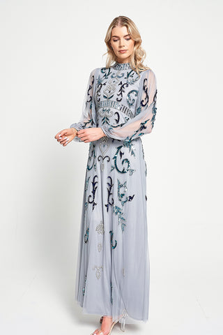 Frock & Frill Eiden Grey Embellished Maxi Dress