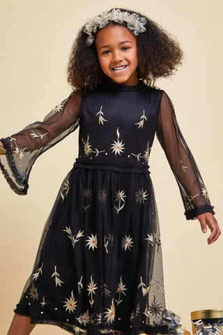 frock & frill Ember Black Floral Embroidered Dress