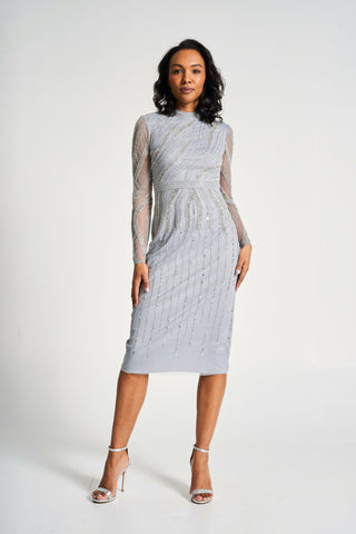 Frock & Frill Hermia Grey Embellished Midi Dress