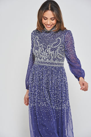 Frock & Frill Jeanne Navy Embellished Midi Dress