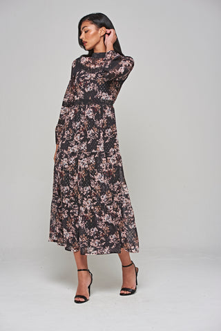 frock & frill Jora Black Floral Print Maxi Dress