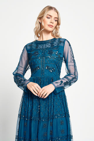 Frock & Frill Maya Blue Embellished Maxi Dress