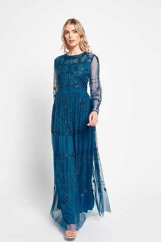 frock & frill Maya Blue Embellished Maxi Dress