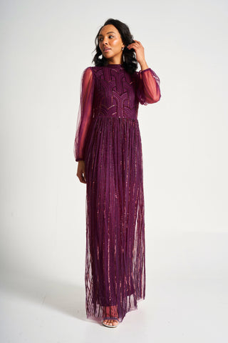 Frock & Frill Natalia Berry Embellished Maxi Dress