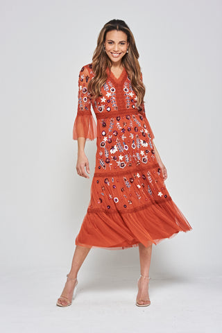 frock & frill Ria Copper Floral Sequin Midi Dress