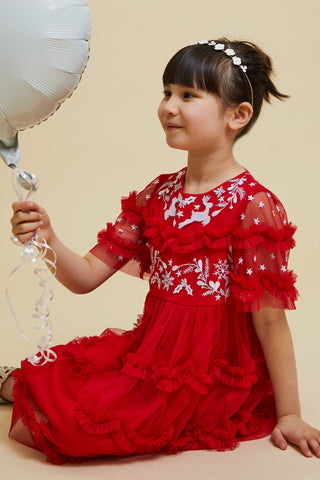 frock & frill Robyn Red Christmas Embroidered Dress