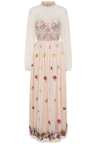 Frock & Frill Gaia Champagne Floral Embroidered Maxi Dress