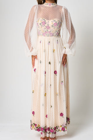 Frock & Frill Gaia Champagne Floral Embroidered Maxi Dress