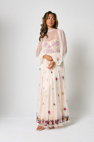 Frock & Frill Gaia Champagne Floral Embroidered Maxi Dress